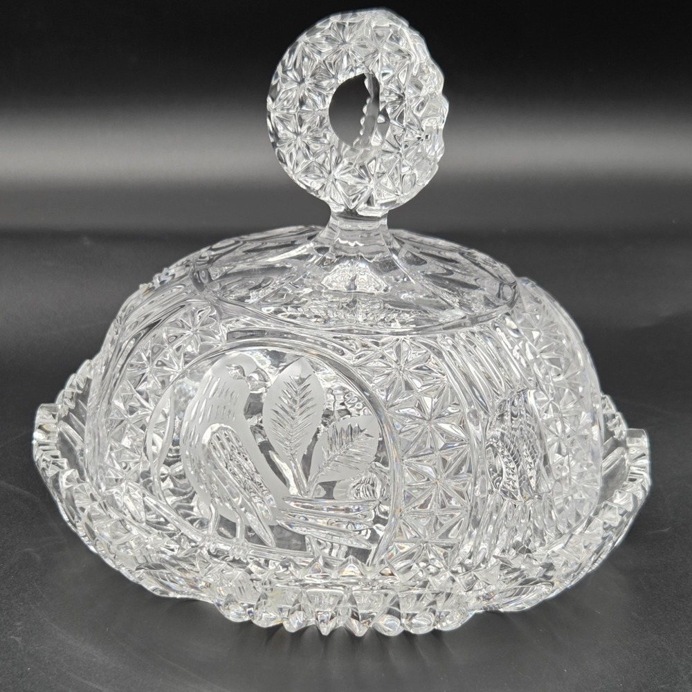 VINTAGE Hofbauer Byrds‎ Collection 24% Lead Crystal Covered Butter/Cheese Dish